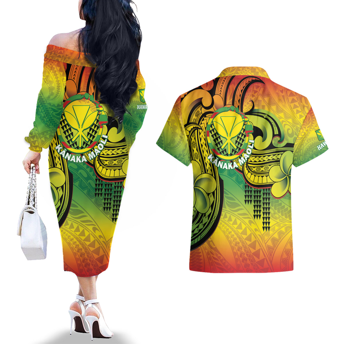 Hawaii Flag Day Couples Matching Off The Shoulder Long Sleeve Dress and Hawaiian Shirt Kanaka Maoli With Kakau Polynesian Pattern LT14