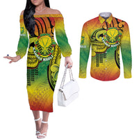 Hawaii Flag Day Couples Matching Off The Shoulder Long Sleeve Dress and Long Sleeve Button Shirt Kanaka Maoli With Kakau Polynesian Pattern LT14