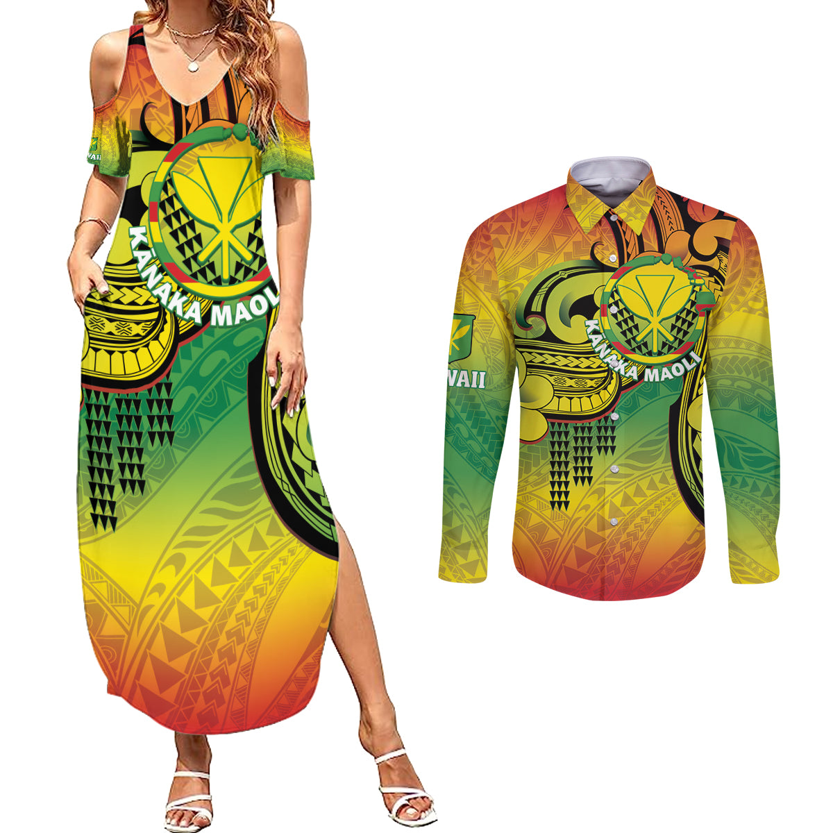 Hawaii Flag Day Couples Matching Summer Maxi Dress and Long Sleeve Button Shirt Kanaka Maoli With Kakau Polynesian Pattern LT14