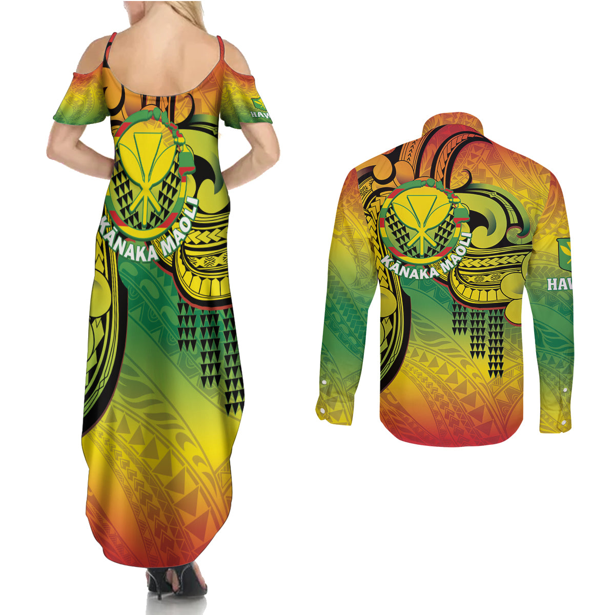 Hawaii Flag Day Couples Matching Summer Maxi Dress and Long Sleeve Button Shirt Kanaka Maoli With Kakau Polynesian Pattern LT14