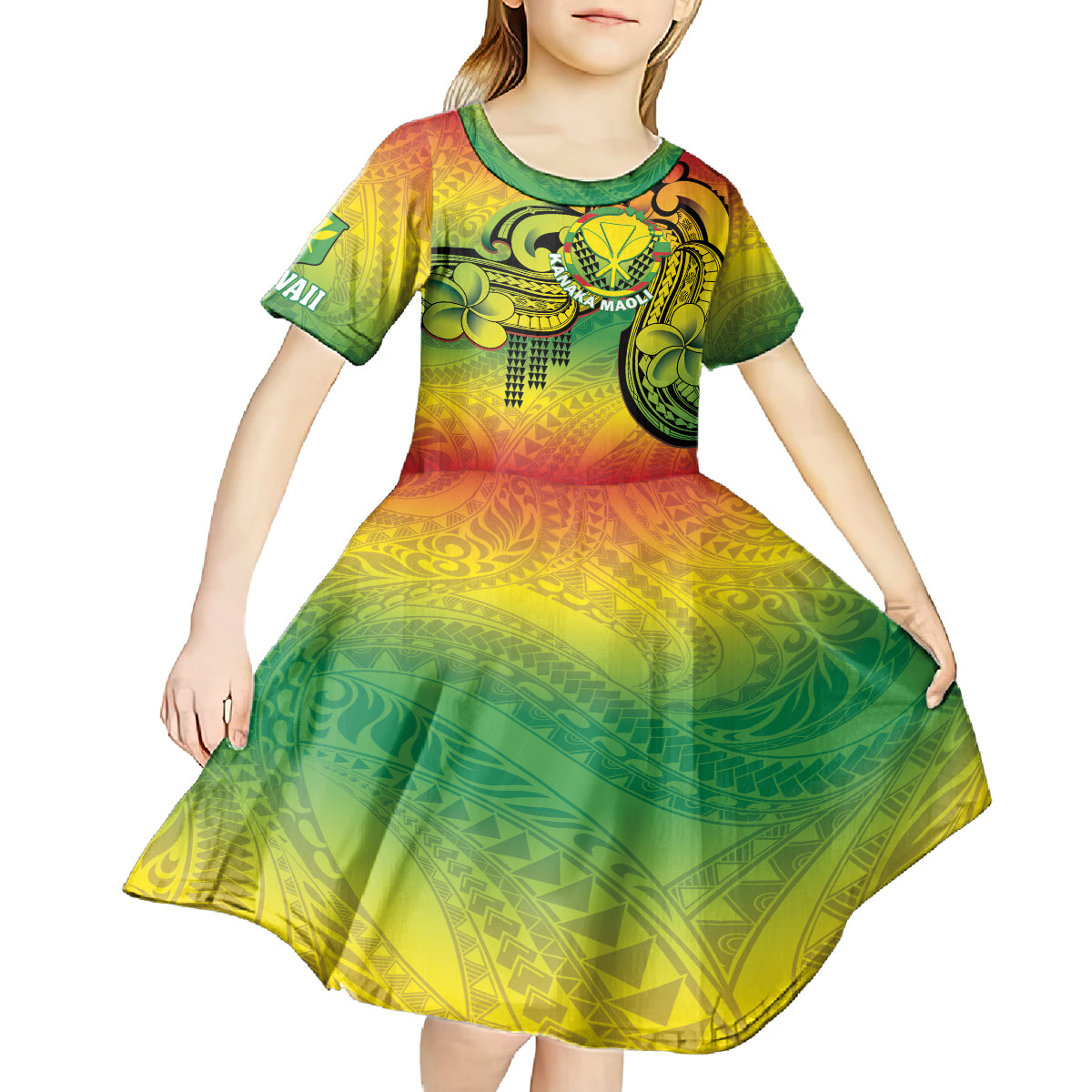 Hawaii Flag Day Kid Short Sleeve Dress Kanaka Maoli With Kakau Polynesian Pattern LT14