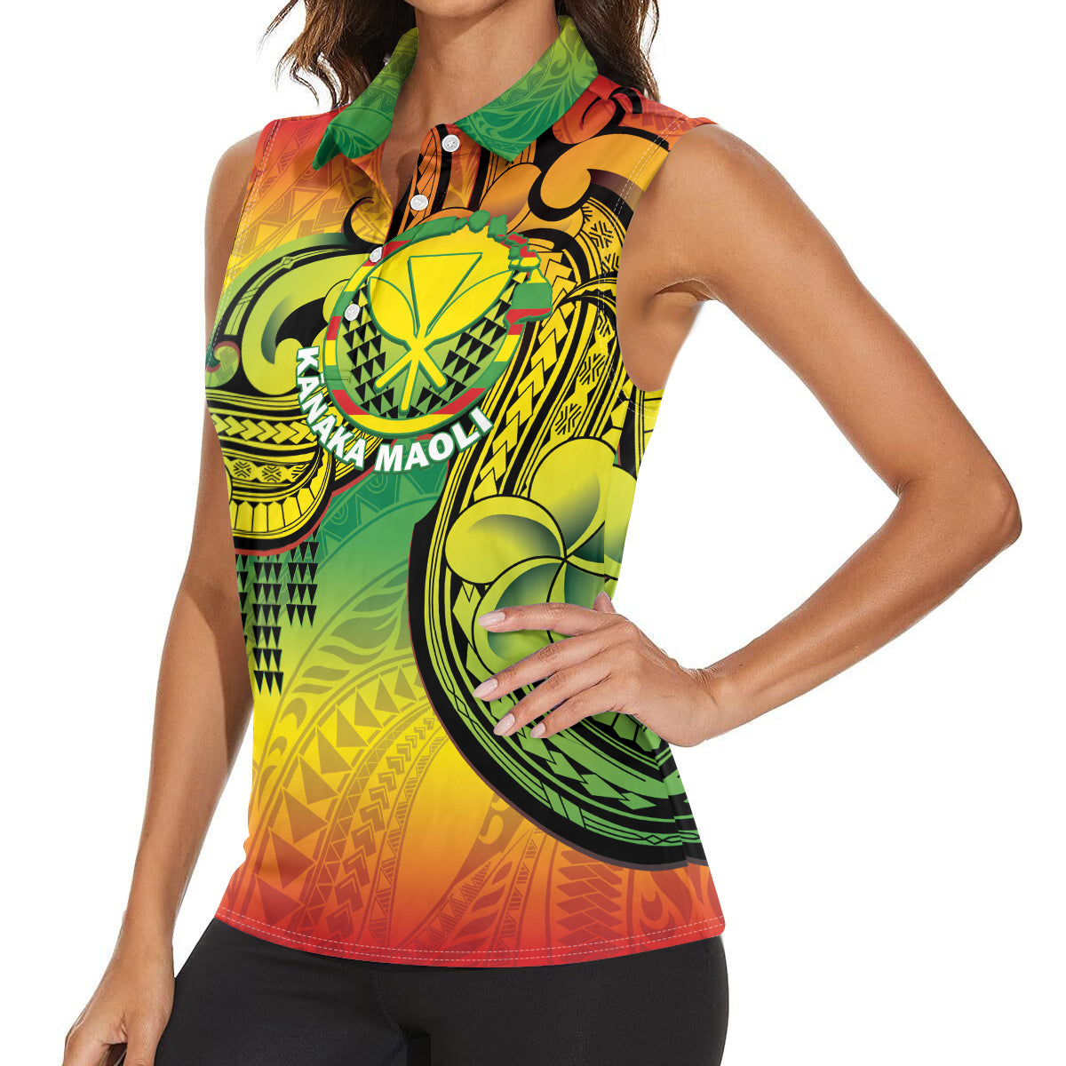 Hawaii Flag Day Women Sleeveless Polo Shirt Kanaka Maoli With Kakau Polynesian Pattern LT14