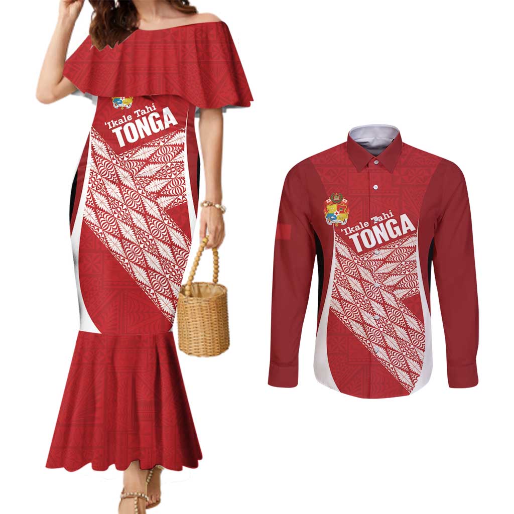 Tonga Rugby Custom Couples Matching Mermaid Dress and Long Sleeve Button Shirt Go ʻIkale Tahi Go Tongan Tapa Cloth