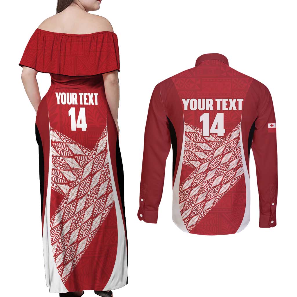 Tonga Rugby Custom Couples Matching Off Shoulder Maxi Dress and Long Sleeve Button Shirt Go ʻIkale Tahi Go Tongan Tapa Cloth