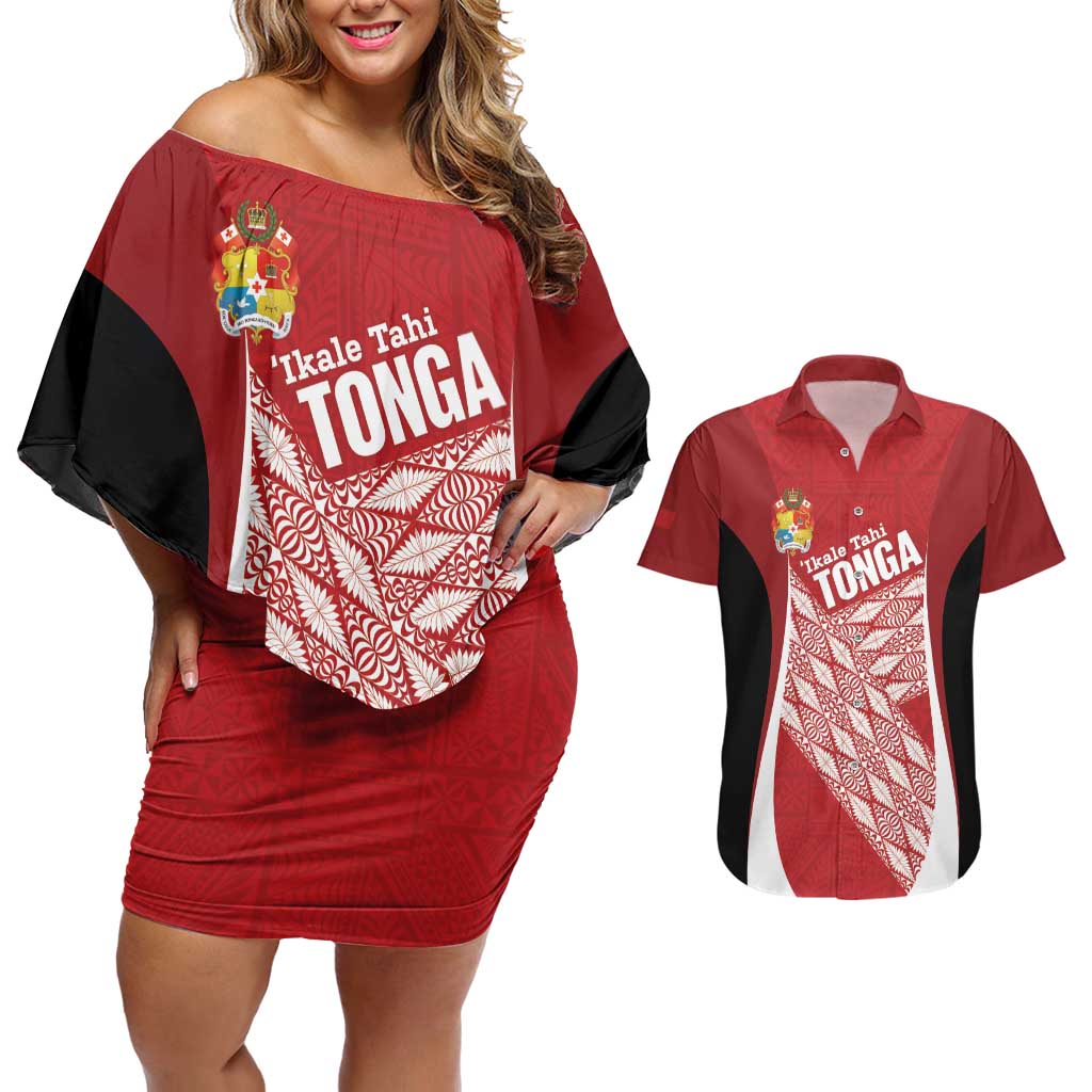 Tonga Rugby Custom Couples Matching Off Shoulder Short Dress and Hawaiian Shirt Go ʻIkale Tahi Go Tongan Tapa Cloth