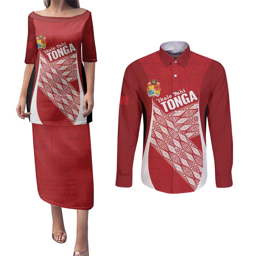 Tonga Rugby Custom Couples Matching Puletasi and Long Sleeve Button Shirt Go ʻIkale Tahi Go Tongan Tapa Cloth