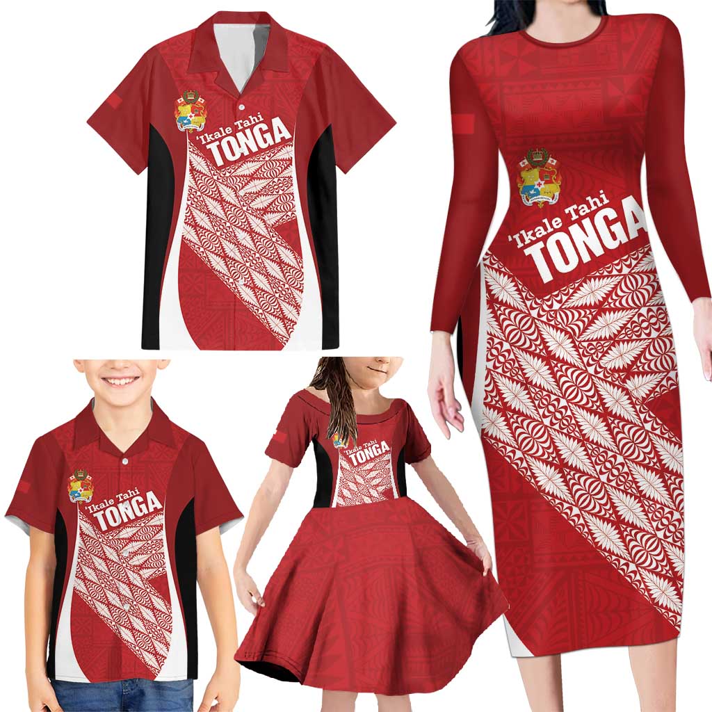 Tonga Rugby Custom Family Matching Long Sleeve Bodycon Dress and Hawaiian Shirt Go ʻIkale Tahi Go Tongan Tapa Cloth