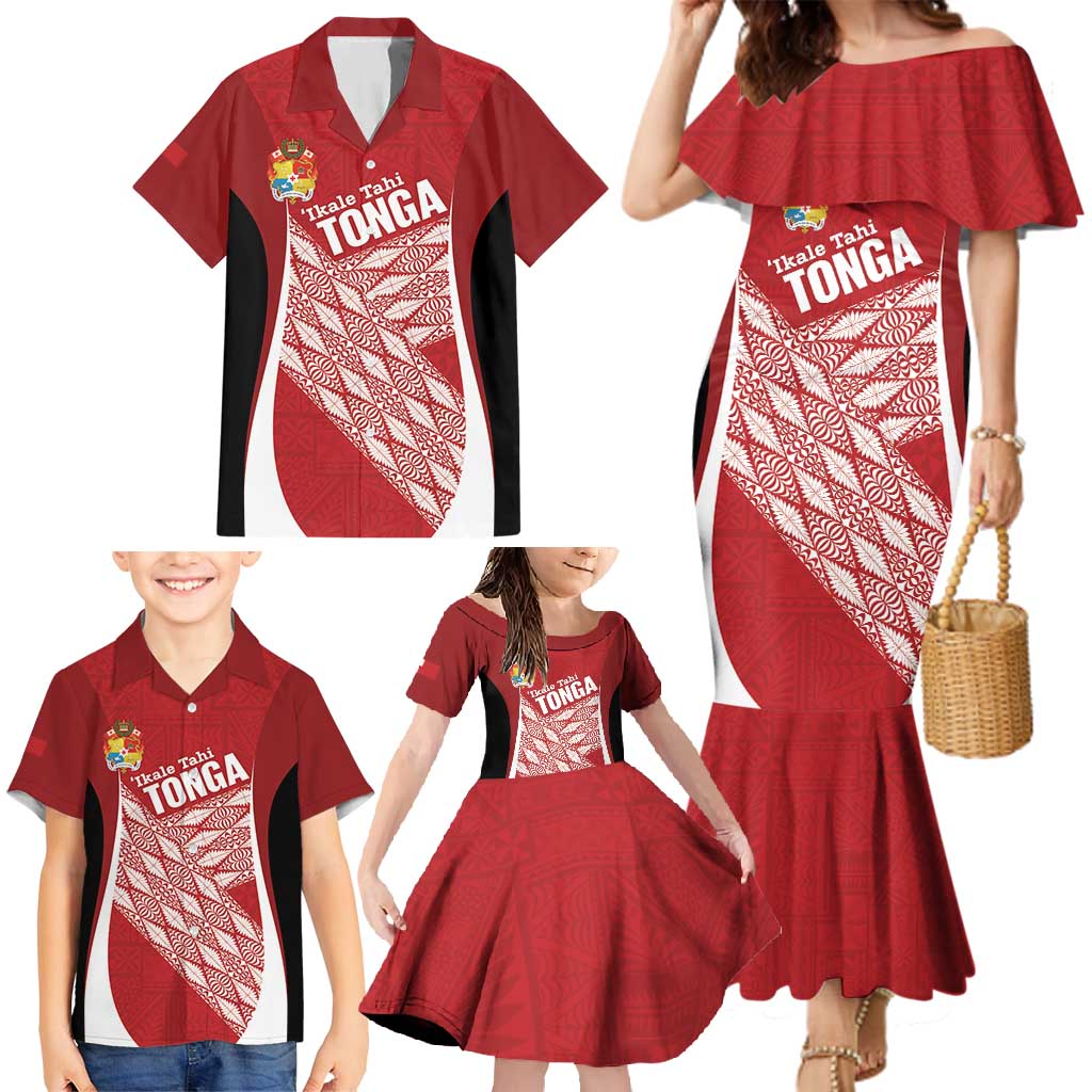 Tonga Rugby Custom Family Matching Mermaid Dress and Hawaiian Shirt Go ʻIkale Tahi Go Tongan Tapa Cloth