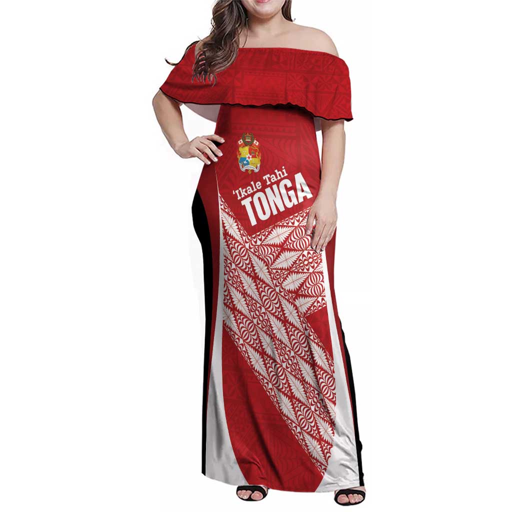 Tonga Rugby Custom Family Matching Off Shoulder Maxi Dress and Hawaiian Shirt Go ʻIkale Tahi Go Tongan Tapa Cloth