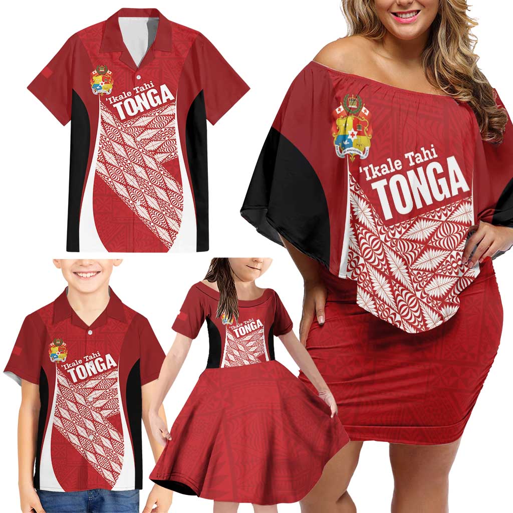 Tonga Rugby Custom Family Matching Off Shoulder Short Dress and Hawaiian Shirt Go ʻIkale Tahi Go Tongan Tapa Cloth