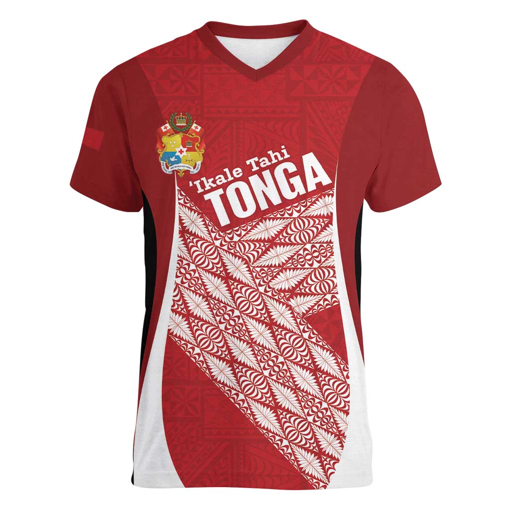 Tonga Rugby Custom Women V-Neck T-Shirt Go ʻIkale Tahi Go Tongan Tapa Cloth
