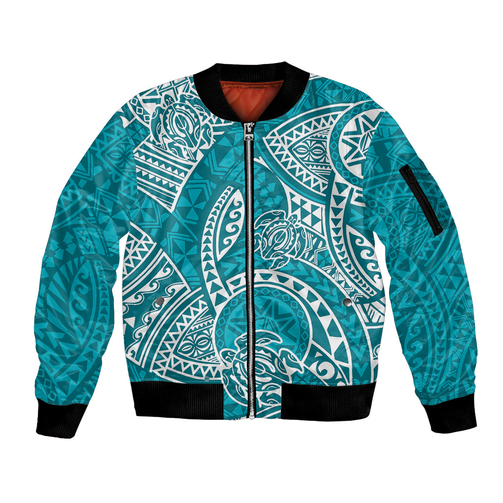 Polynesian Pride Hawaii Sleeve Zip Bomber Jacket Hawaiian Tribal Honu Turquoise Version LT14 Unisex Turquoise - Polynesian Pride