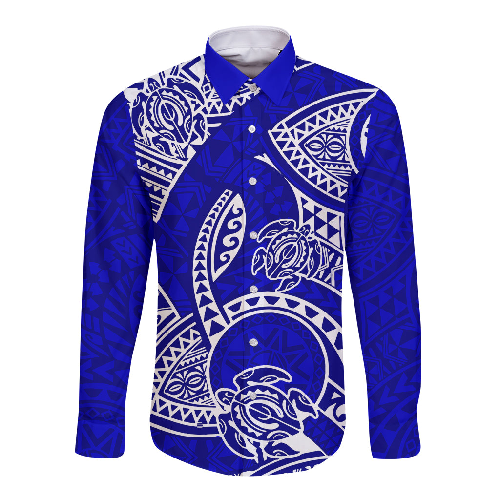 Polynesian Pride Hawaii Long Sleeve Button Shirt Hawaiian Tribal Honu Blue Version LT14 Unisex Blue - Polynesian Pride