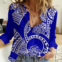 Polynesian Pride Hawaii Women Casual Shirt Hawaiian Tribal Honu Blue Version LT14 Female Blue - Polynesian Pride