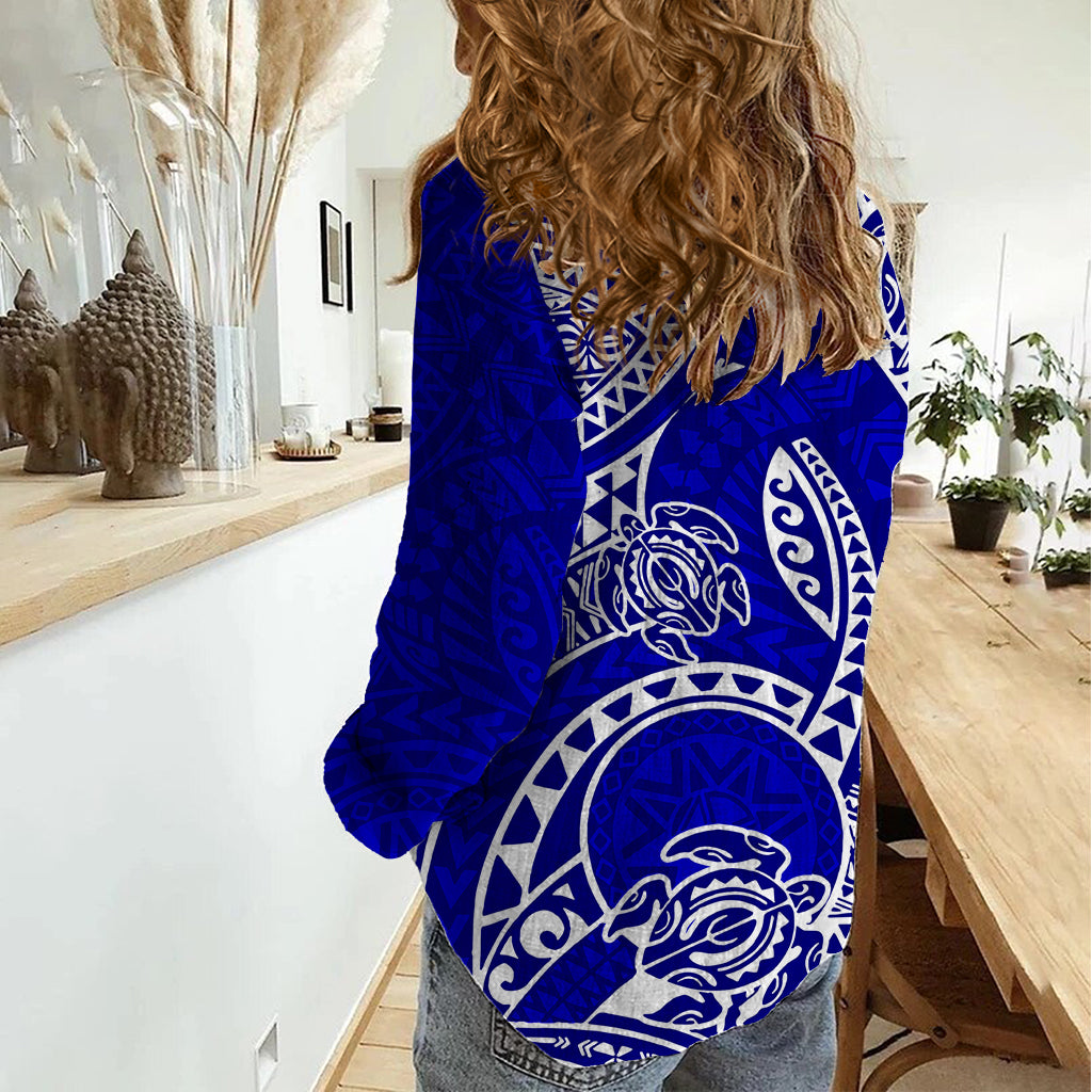 Polynesian Pride Hawaii Women Casual Shirt Hawaiian Tribal Honu Blue Version LT14 - Polynesian Pride