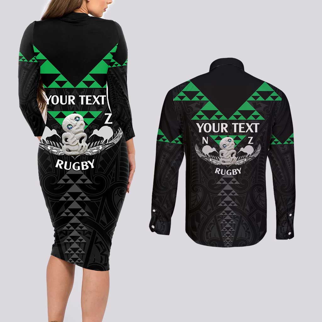 Personalised Aotearoa Rugby Couples Matching Long Sleeve Bodycon Dress and Long Sleeve Button Shirt New Zealand Maori Kete Matauranga Pattern