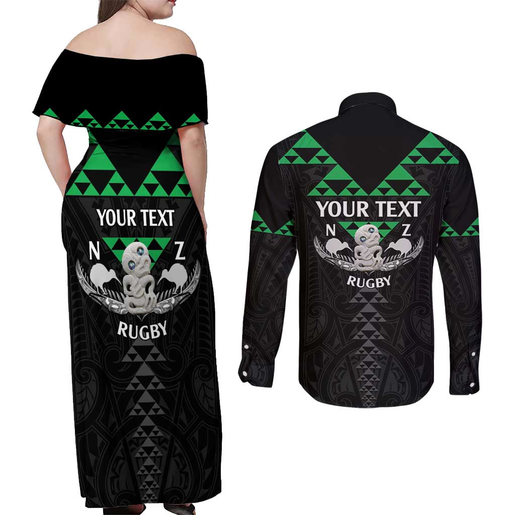 Personalised Aotearoa Rugby Couples Matching Off Shoulder Maxi Dress and Long Sleeve Button Shirt New Zealand Maori Kete Matauranga Pattern