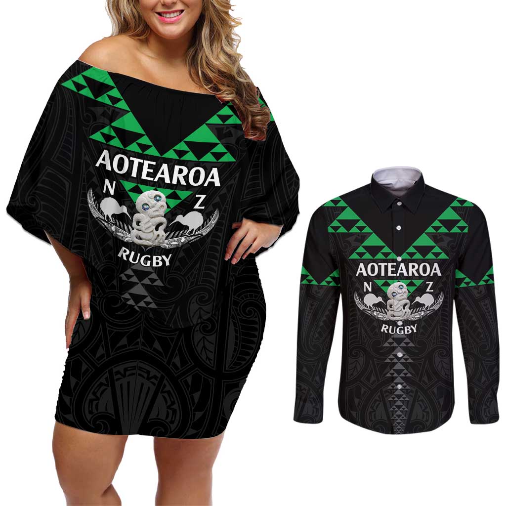 Personalised Aotearoa Rugby Couples Matching Off Shoulder Short Dress and Long Sleeve Button Shirt New Zealand Maori Kete Matauranga Pattern