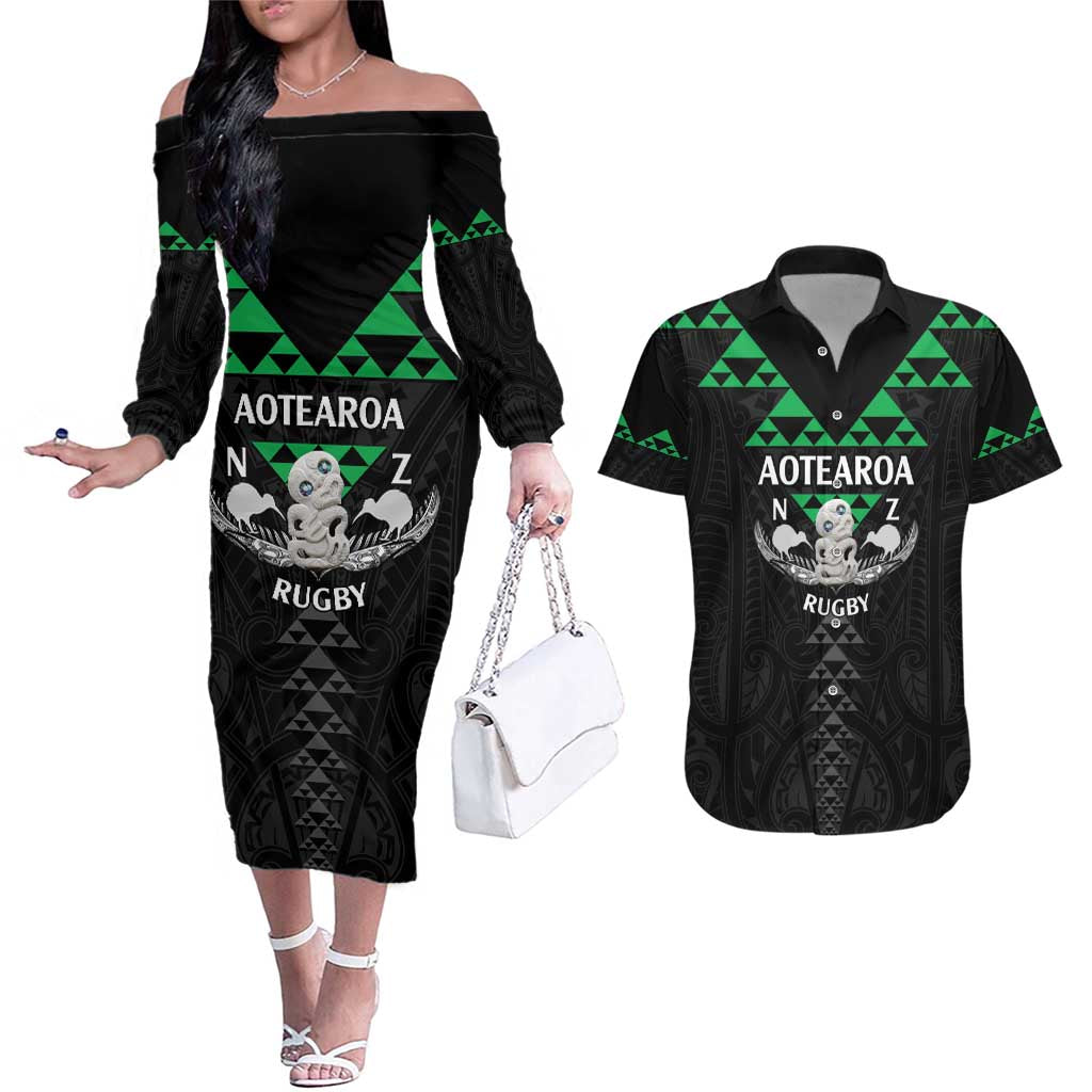 Personalised Aotearoa Rugby Couples Matching Off The Shoulder Long Sleeve Dress and Hawaiian Shirt New Zealand Maori Kete Matauranga Pattern