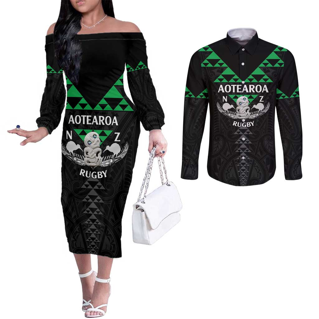 Personalised Aotearoa Rugby Couples Matching Off The Shoulder Long Sleeve Dress and Long Sleeve Button Shirt New Zealand Maori Kete Matauranga Pattern