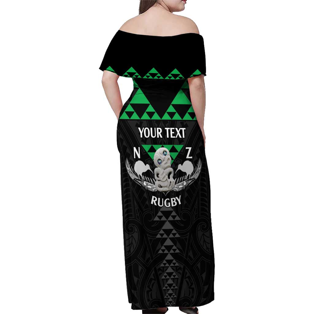 Personalised Aotearoa Rugby Family Matching Off Shoulder Maxi Dress and Hawaiian Shirt New Zealand Maori Kete Matauranga Pattern