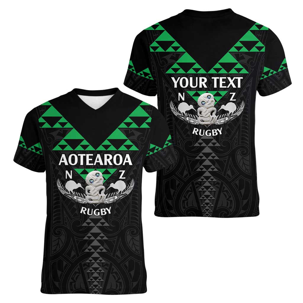 Personalised Aotearoa Rugby Women V-Neck T-Shirt New Zealand Maori Kete Matauranga Pattern