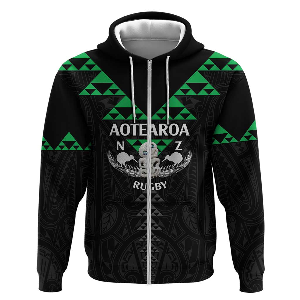 Personalised Aotearoa Rugby Zip Hoodie New Zealand Maori Kete Matauranga Pattern