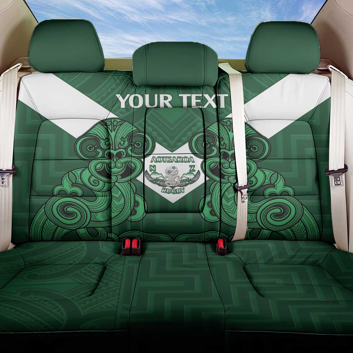 Custom Aotearoa Rugby Back Car Seat Cover New Zealand Maori Kete Poutama Pattern LT14 One Size Green - Polynesian Pride
