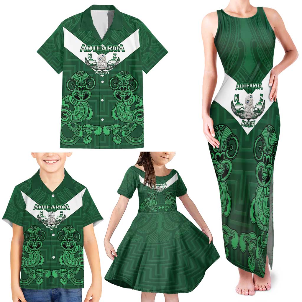 Custom Aotearoa Rugby Family Matching Tank Maxi Dress and Hawaiian Shirt New Zealand Maori Kete Poutama Pattern