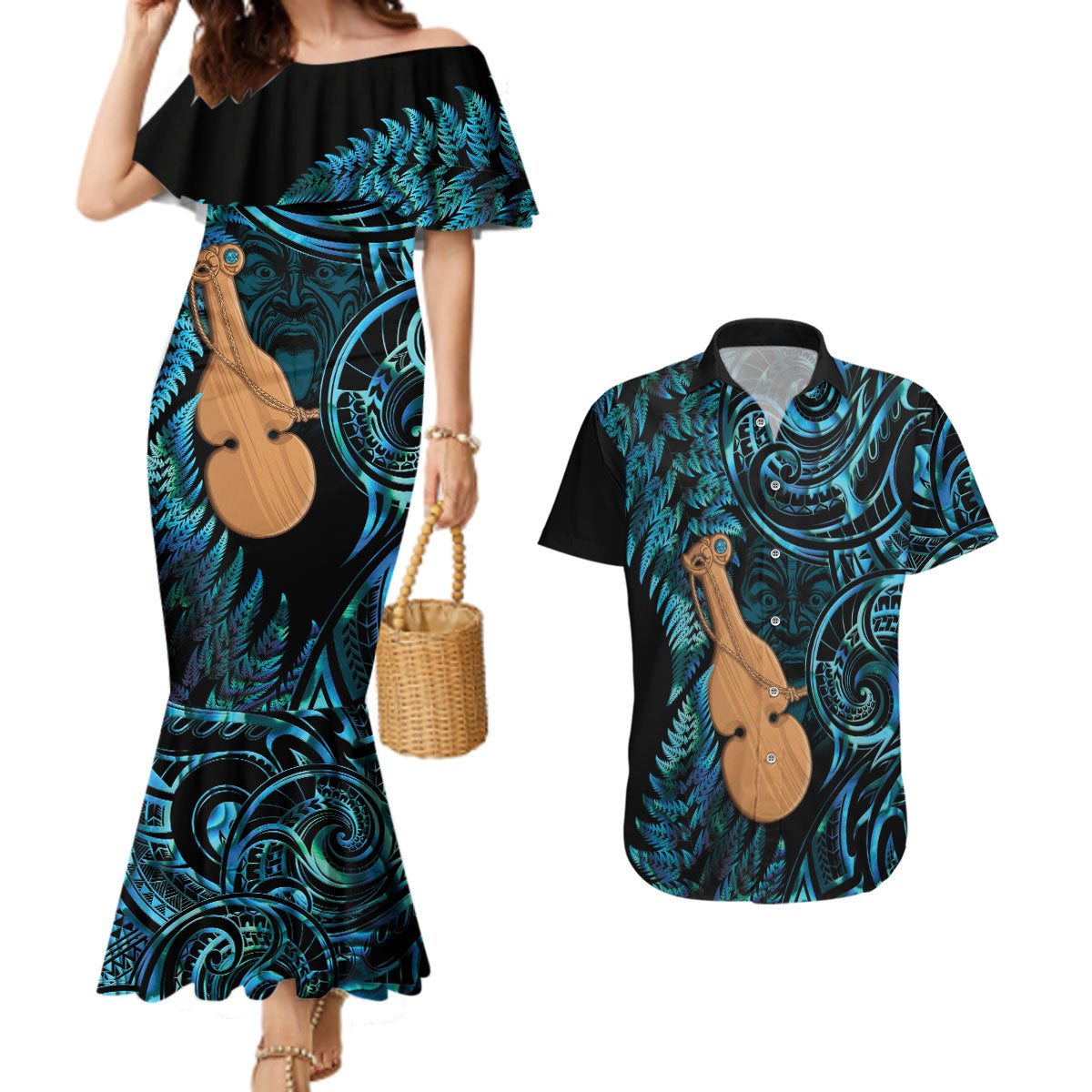 Kotiate New Zealand Couples Matching Mermaid Dress and Hawaiian Shirt Maori Weapon Paua Shell Haka Fern LT14 Turquoise - Polynesian Pride
