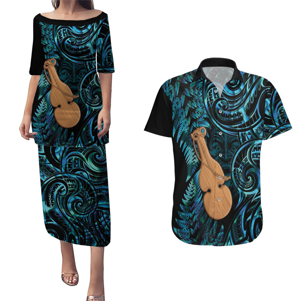 Kotiate New Zealand Couples Matching Puletasi and Hawaiian Shirt Maori Weapon Paua Shell Haka Fern LT14 Turquoise - Polynesian Pride