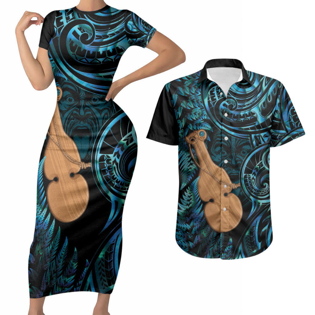 Kotiate New Zealand Couples Matching Short Sleeve Bodycon Dress and Hawaiian Shirt Maori Weapon Paua Shell Haka Fern LT14 Turquoise - Polynesian Pride