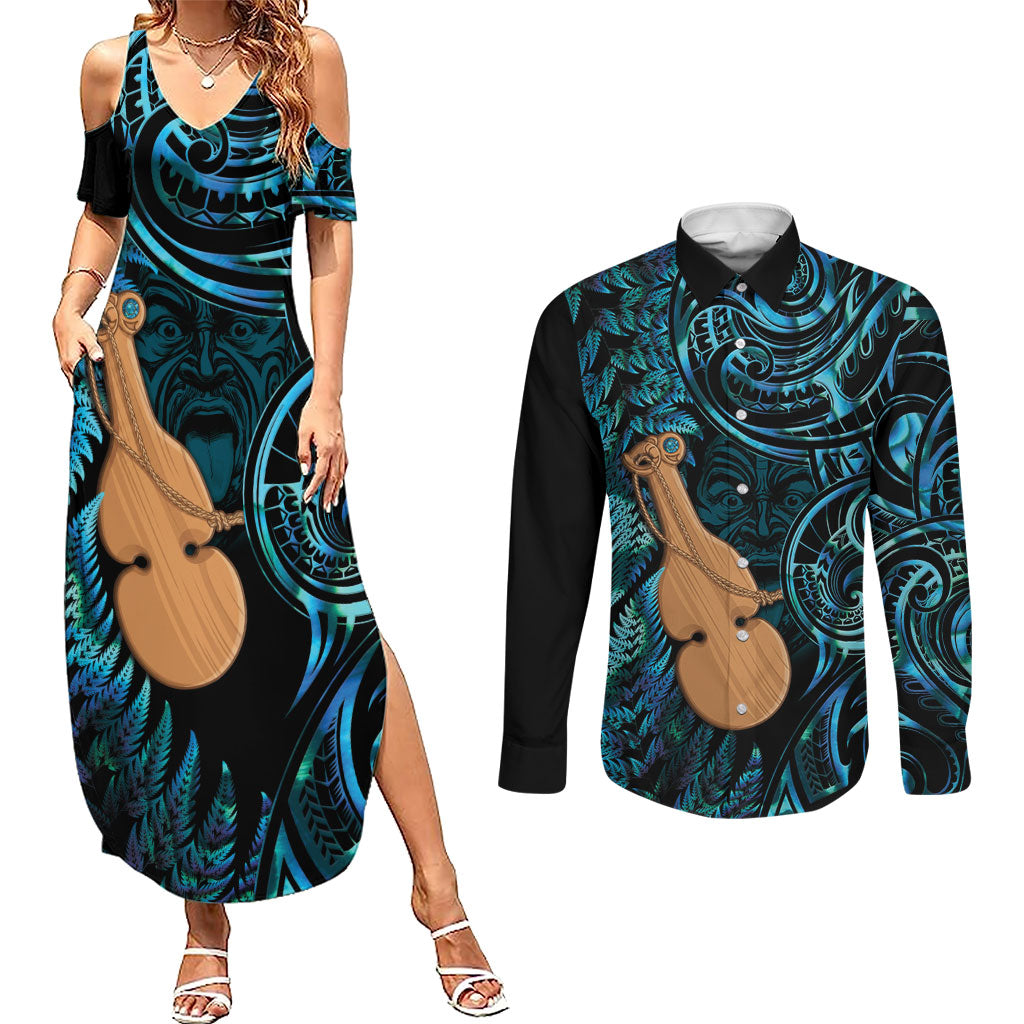 Kotiate New Zealand Couples Matching Summer Maxi Dress and Long Sleeve Button Shirt Maori Weapon Paua Shell Haka Fern LT14 Turquoise - Polynesian Pride