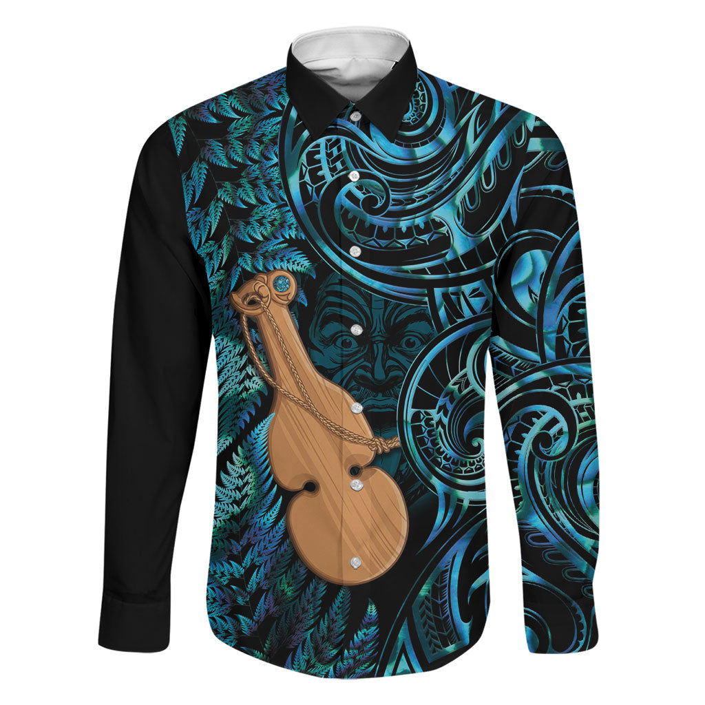 Kotiate New Zealand Family Matching Mermaid Dress and Hawaiian Shirt Maori Weapon Paua Shell Haka Fern LT14 Dad's Shirt - Long Sleeve Turquoise - Polynesian Pride