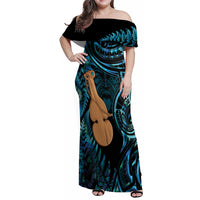 Kotiate New Zealand Family Matching Off Shoulder Maxi Dress and Hawaiian Shirt Maori Weapon Paua Shell Haka Fern LT14 Mom's Dress Turquoise - Polynesian Pride
