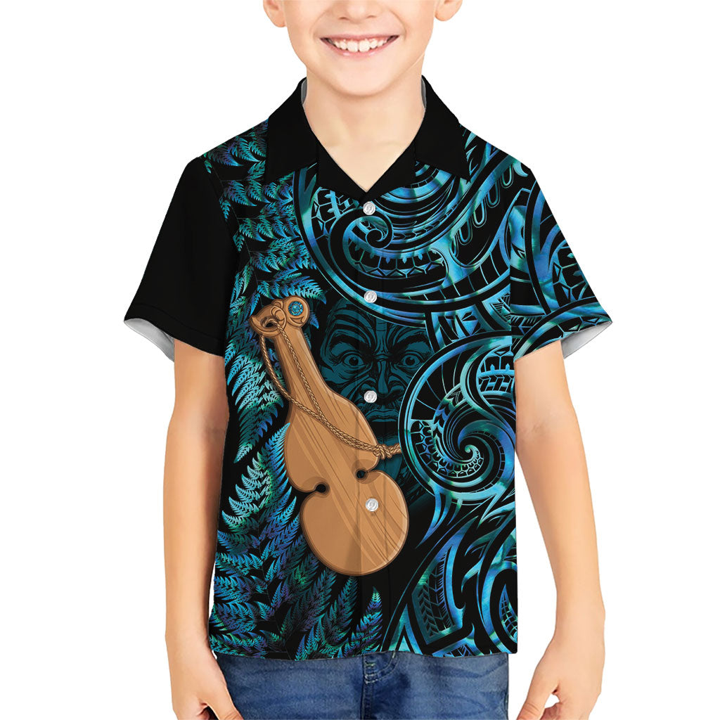 Kotiate New Zealand Family Matching Off Shoulder Short Dress and Hawaiian Shirt Maori Weapon Paua Shell Haka Fern LT14 Son's Shirt Turquoise - Polynesian Pride