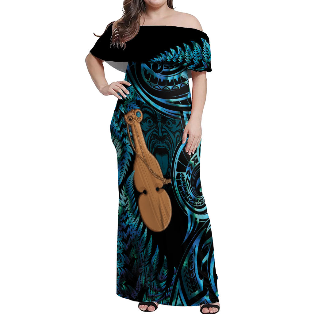 Kotiate New Zealand Off Shoulder Maxi Dress Maori Weapon Paua Shell Haka Fern LT14 Women Turquoise - Polynesian Pride
