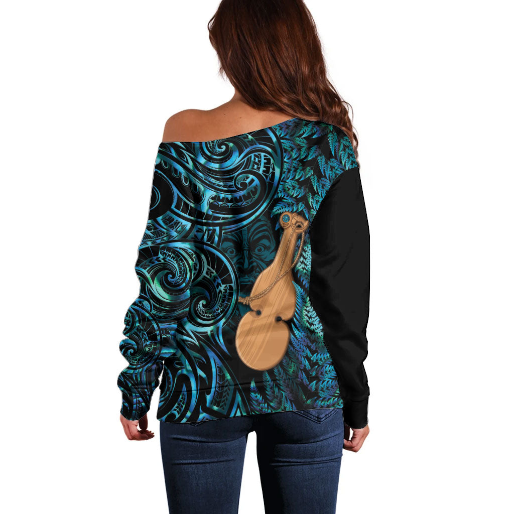 Kotiate New Zealand Off Shoulder Sweater Maori Weapon Paua Shell Haka Fern LT14 - Polynesian Pride