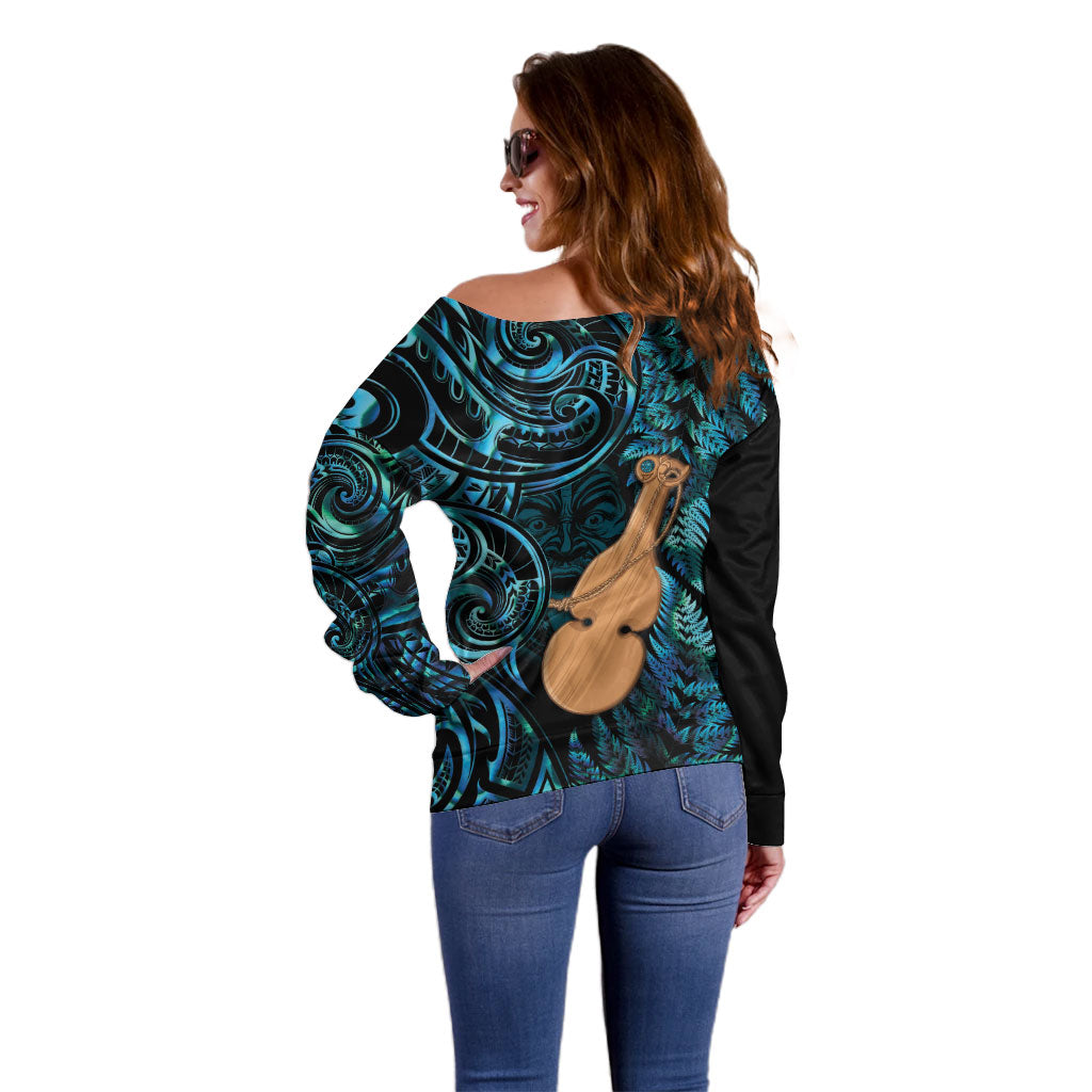 Kotiate New Zealand Off Shoulder Sweater Maori Weapon Paua Shell Haka Fern LT14 - Polynesian Pride