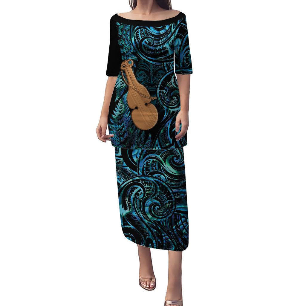 Kotiate New Zealand Puletasi Maori Weapon Paua Shell Haka Fern LT14 Long Dress Turquoise - Polynesian Pride