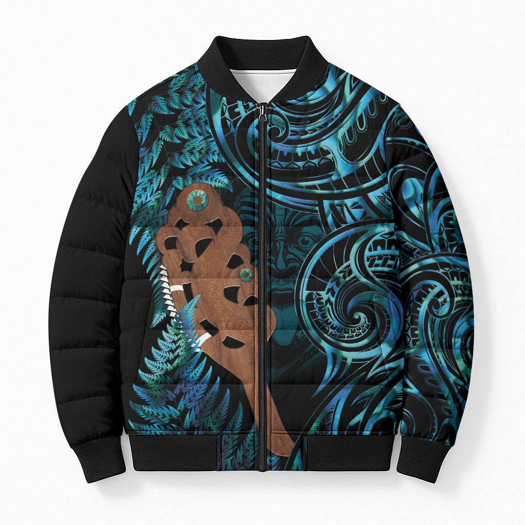 Maripi New Zealand Bomber Puffer Jacket Maori Weapon Paua Shell Haka Fern LT14 Unisex Turquoise - Polynesian Pride
