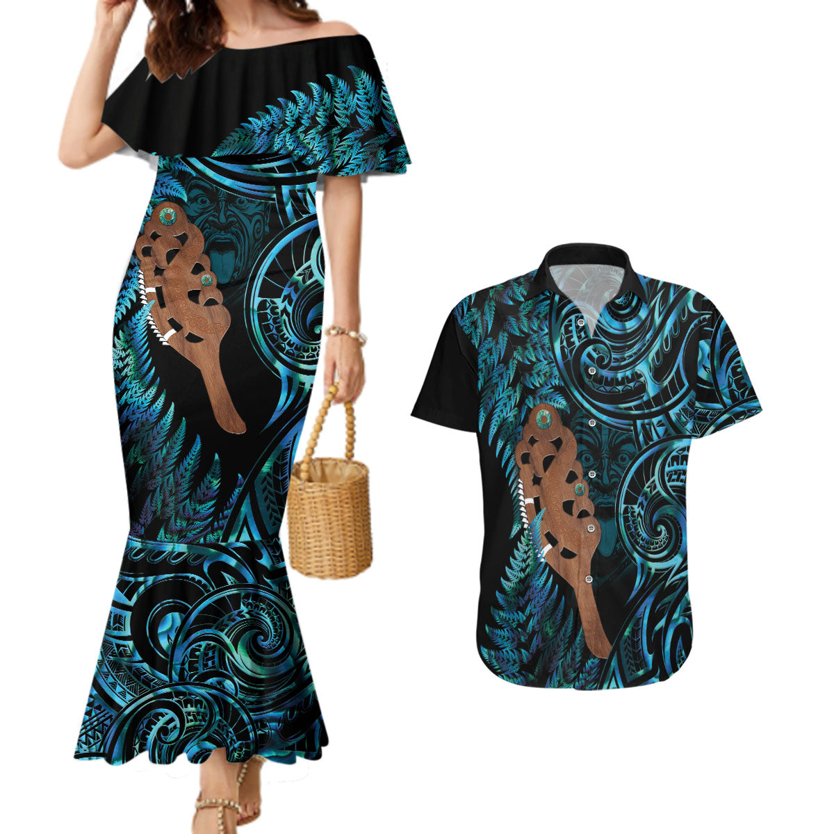 Maripi New Zealand Couples Matching Mermaid Dress and Hawaiian Shirt Maori Weapon Paua Shell Haka Fern LT14 Turquoise - Polynesian Pride