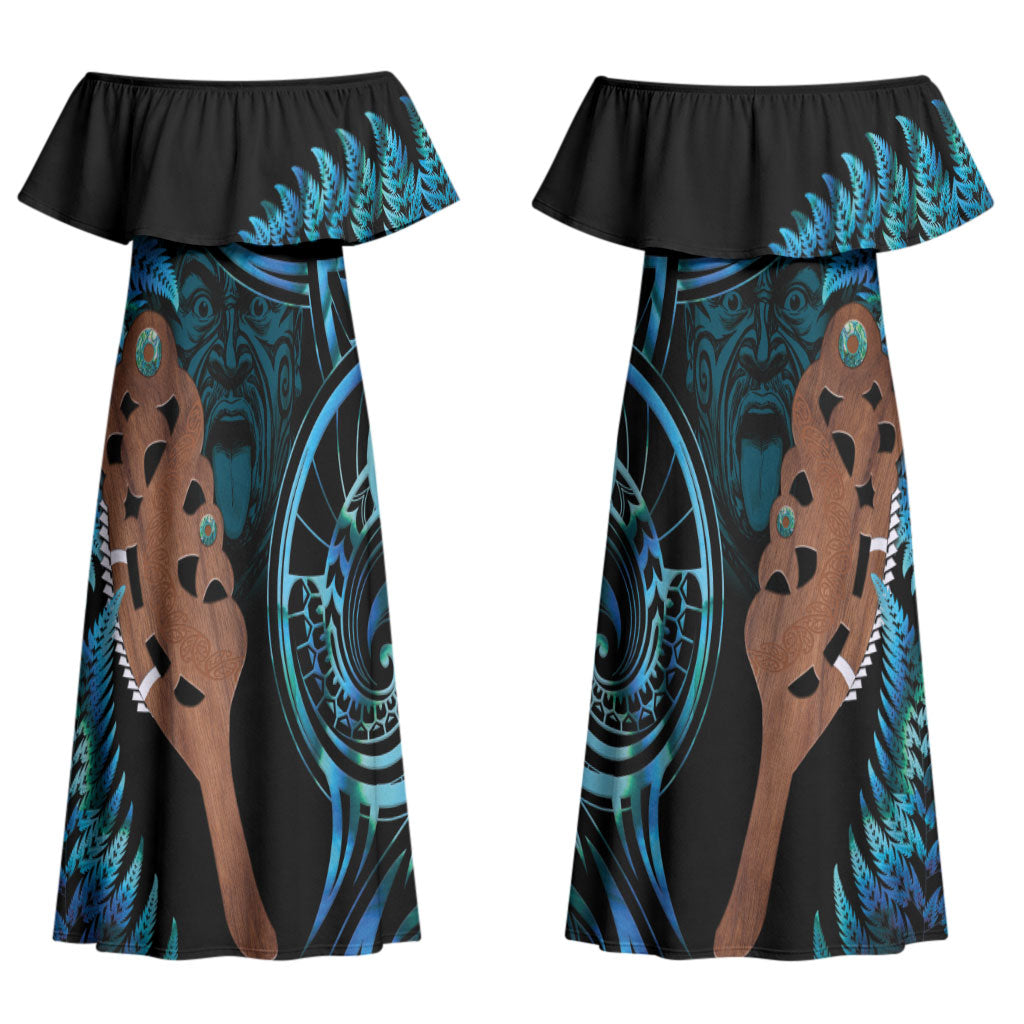 Maripi New Zealand Couples Matching Off Shoulder Maxi Dress and Hawaiian Shirt Maori Weapon Paua Shell Haka Fern LT14 - Polynesian Pride