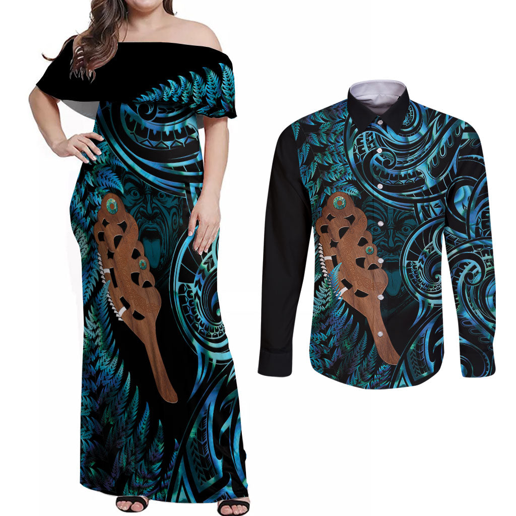 Maripi New Zealand Couples Matching Off Shoulder Maxi Dress and Long Sleeve Button Shirt Maori Weapon Paua Shell Haka Fern LT14 Turquoise - Polynesian Pride