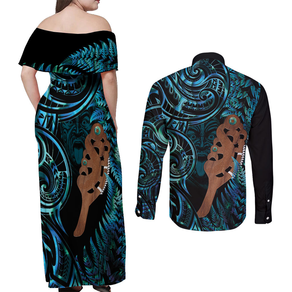 Maripi New Zealand Couples Matching Off Shoulder Maxi Dress and Long Sleeve Button Shirt Maori Weapon Paua Shell Haka Fern LT14 - Polynesian Pride
