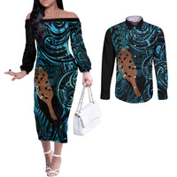 Maripi New Zealand Couples Matching Off The Shoulder Long Sleeve Dress and Long Sleeve Button Shirt Maori Weapon Paua Shell Haka Fern LT14 Turquoise - Polynesian Pride