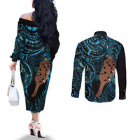 Maripi New Zealand Couples Matching Off The Shoulder Long Sleeve Dress and Long Sleeve Button Shirt Maori Weapon Paua Shell Haka Fern LT14 - Polynesian Pride