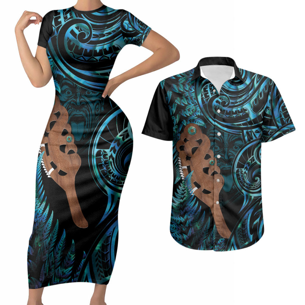 Maripi New Zealand Couples Matching Short Sleeve Bodycon Dress and Hawaiian Shirt Maori Weapon Paua Shell Haka Fern LT14 Turquoise - Polynesian Pride