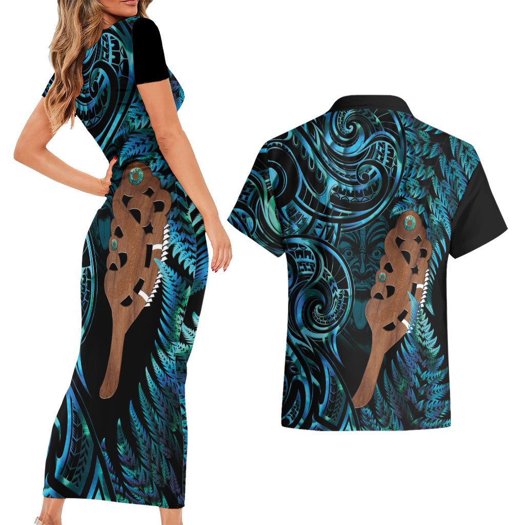 Maripi New Zealand Couples Matching Short Sleeve Bodycon Dress and Hawaiian Shirt Maori Weapon Paua Shell Haka Fern LT14 - Polynesian Pride