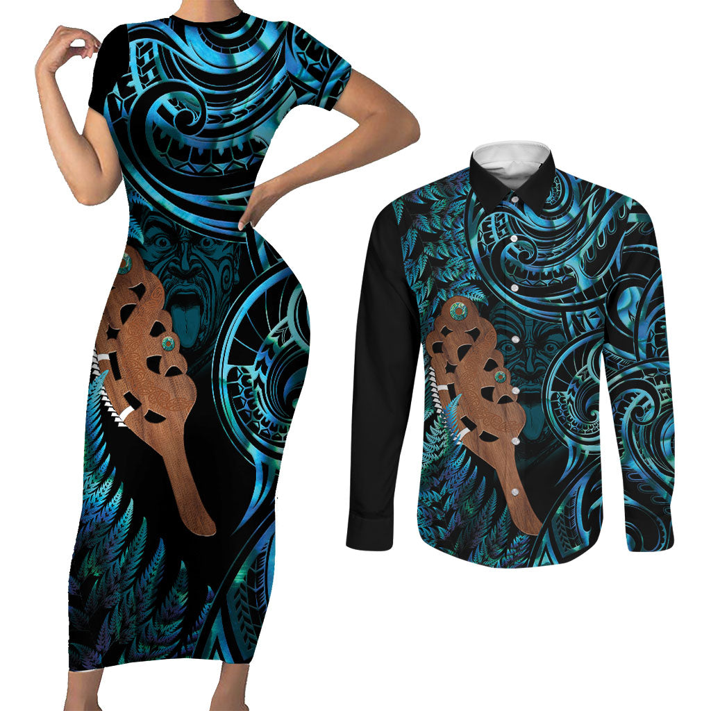 Maripi New Zealand Couples Matching Short Sleeve Bodycon Dress and Long Sleeve Button Shirt Maori Weapon Paua Shell Haka Fern LT14 Turquoise - Polynesian Pride